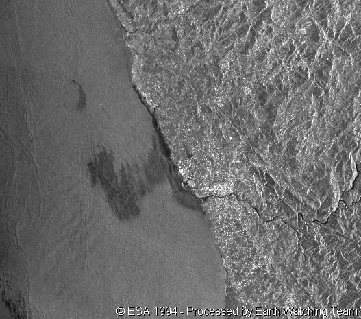Oil slick detection by radar satellit. Oil slick along the coast of Oporto Portucal. Credit: ESA